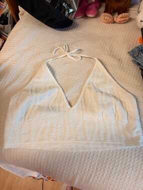 White Textured Halter Crop Tank Top